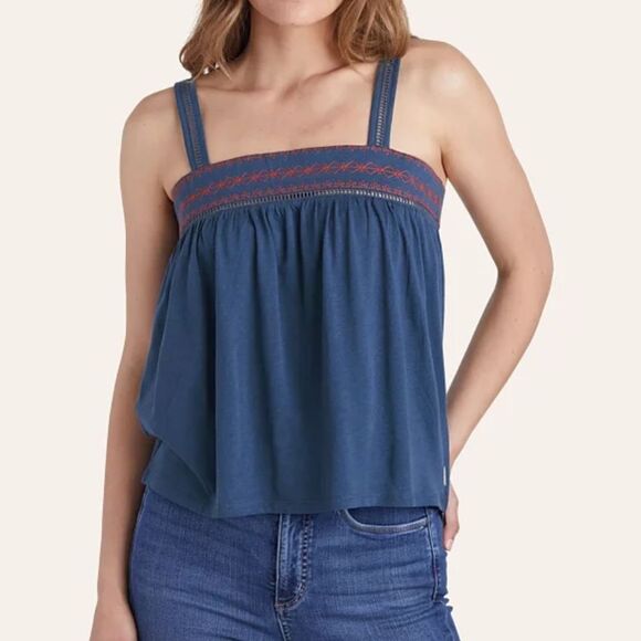 Eddie Bauer Gate Check Embroidered Navy Blue Square-Neck Tank Top | Size Medium - Picture 1 of 8